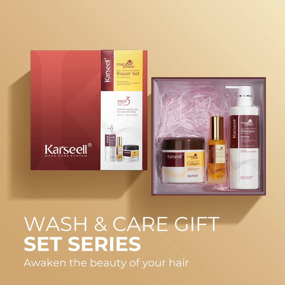 Karseell 3pcs Set Collagen Hair Mask + Argan Oi + Hair Shampoo Maca Essence Moisturizing Repair Set for Dry Damaged Hair Gift