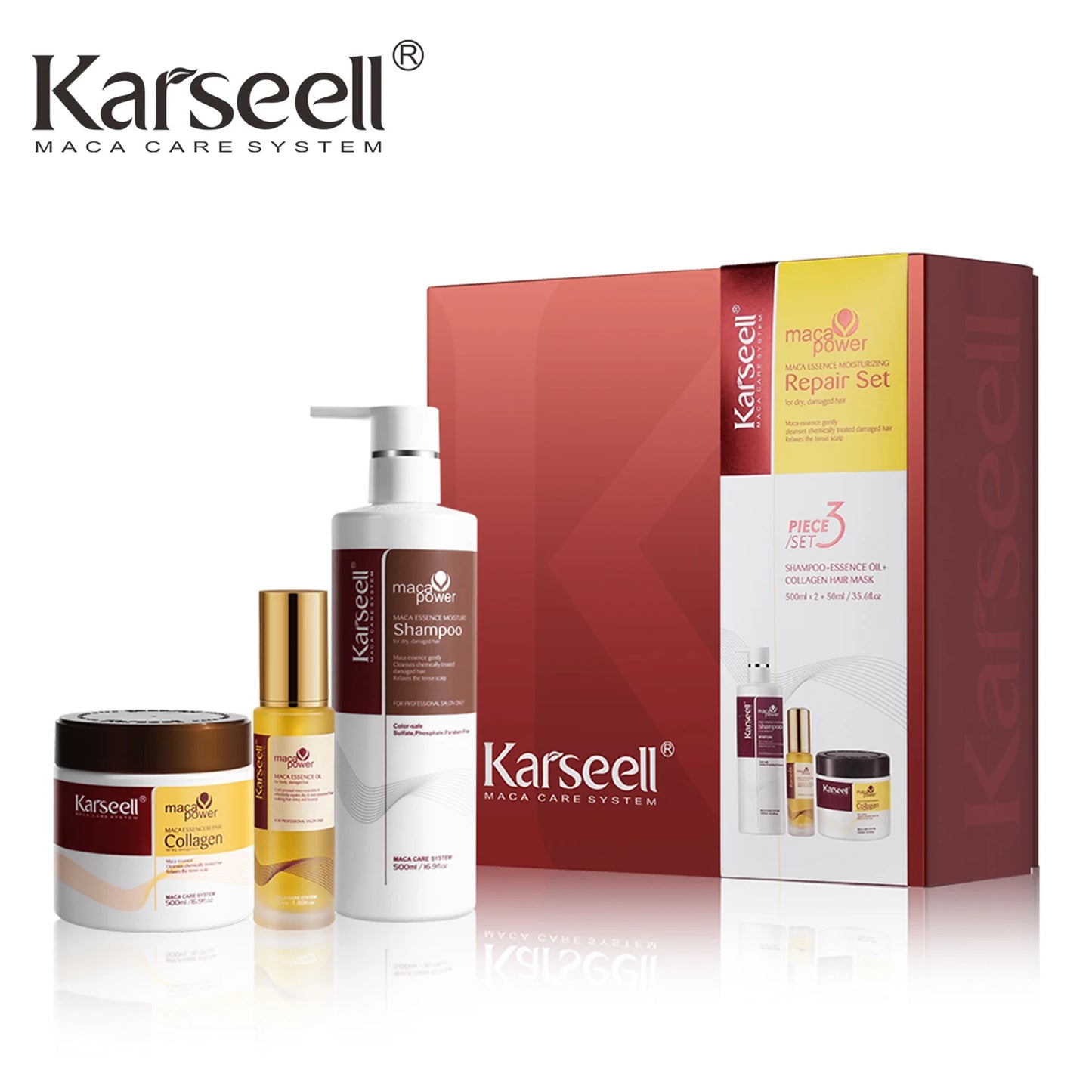 Karseell 3pcs Set Collagen Hair Mask + Argan Oi + Hair Shampoo Maca Essence Moisturizing Repair Set for Dry Damaged Hair Gift